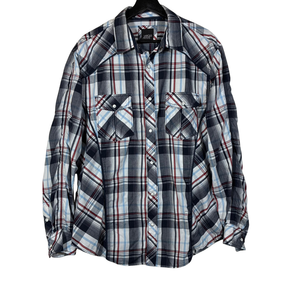 Pearl Snap Shirt Various Artists Blue Red White Plaid L Men Seam Long Sleeve